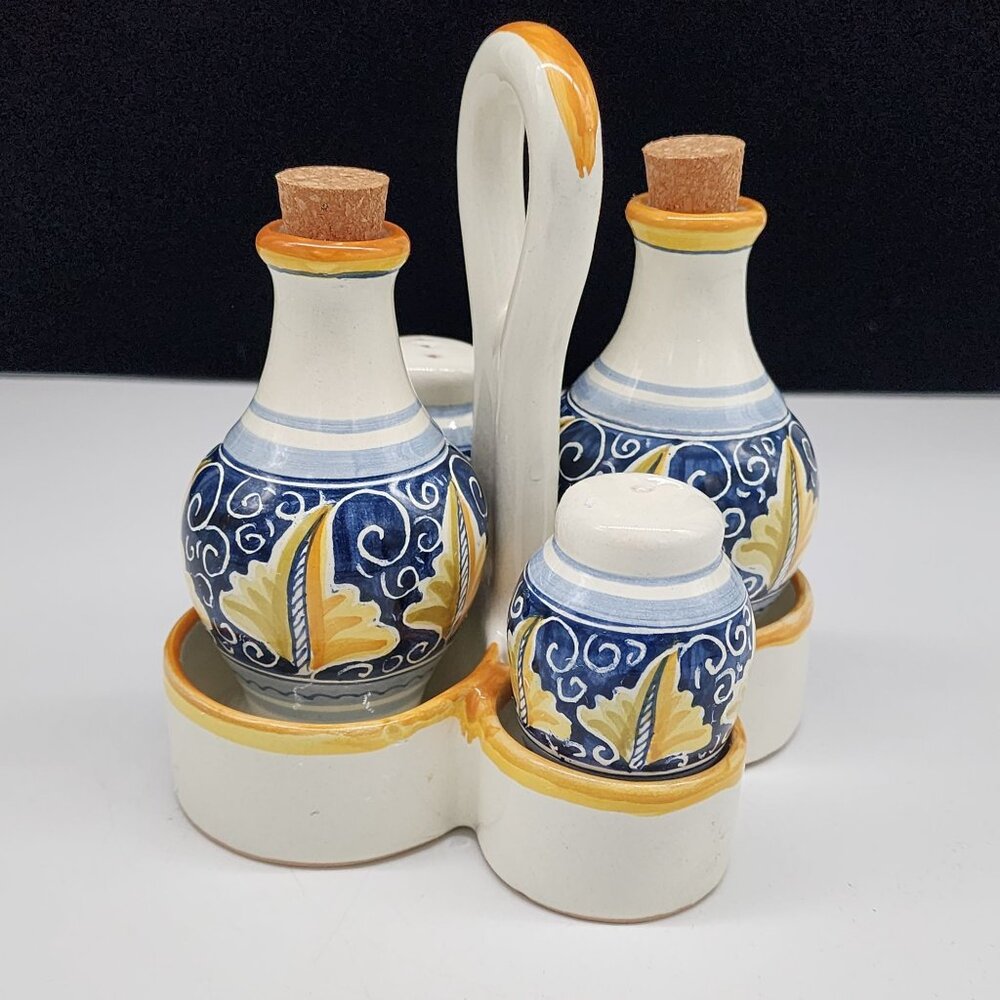 Radda Italian Ceramic Condiment Set With Oil Vinegar Salt Pepper & Caddy Signed